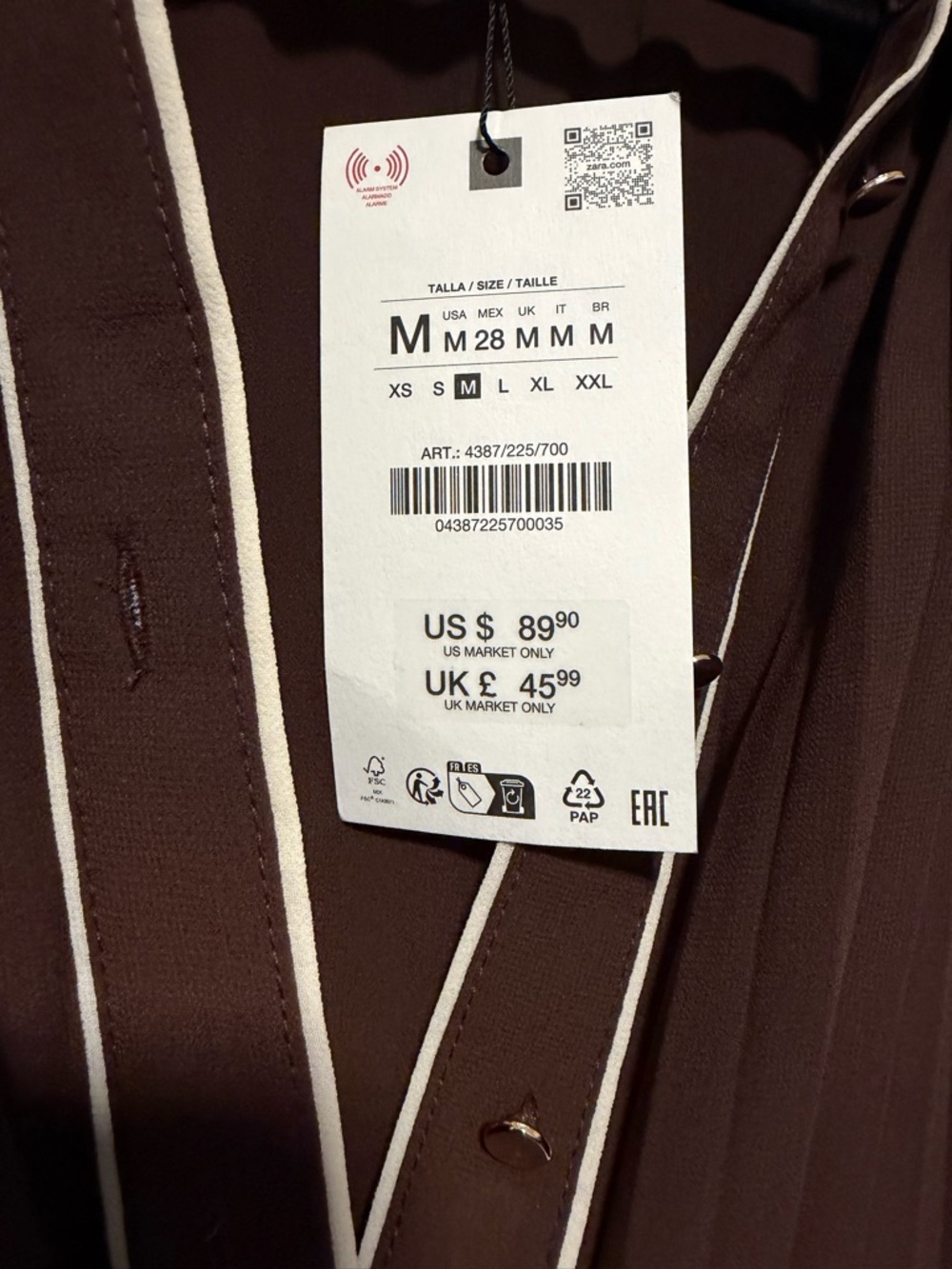 Zara Brown Long-Sleeve Pleated Button-Front Dress with Contrast Piping - Picture 4 of 5